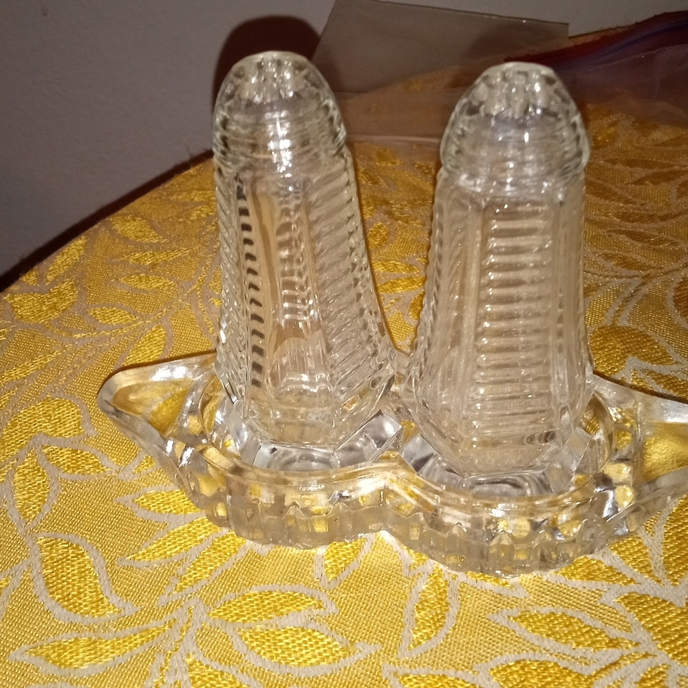 Bohemia Czechoslovakian Cut Glass Salt and Pepper Set with Tray